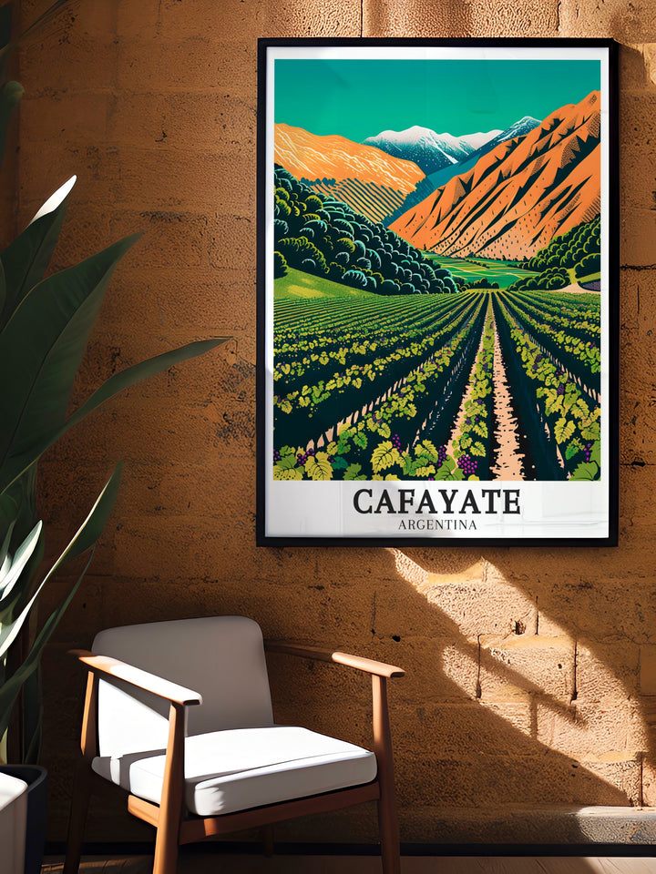 Cafayate Travel Poster showcases the stunning landscapes of Argentinas Cafayate Wine Tour, with the vineyards set against the striking Cuesta del Obispo. This travel print is perfect for adding a touch of South American charm to any room.