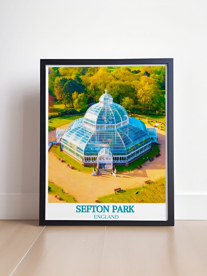 Sefton Park poster paired with a Palm House vintage print. This wall art offers a serene view of Liverpools beloved park and the elegant Palm House perfect for adding a touch of tranquility and sophistication to your home.