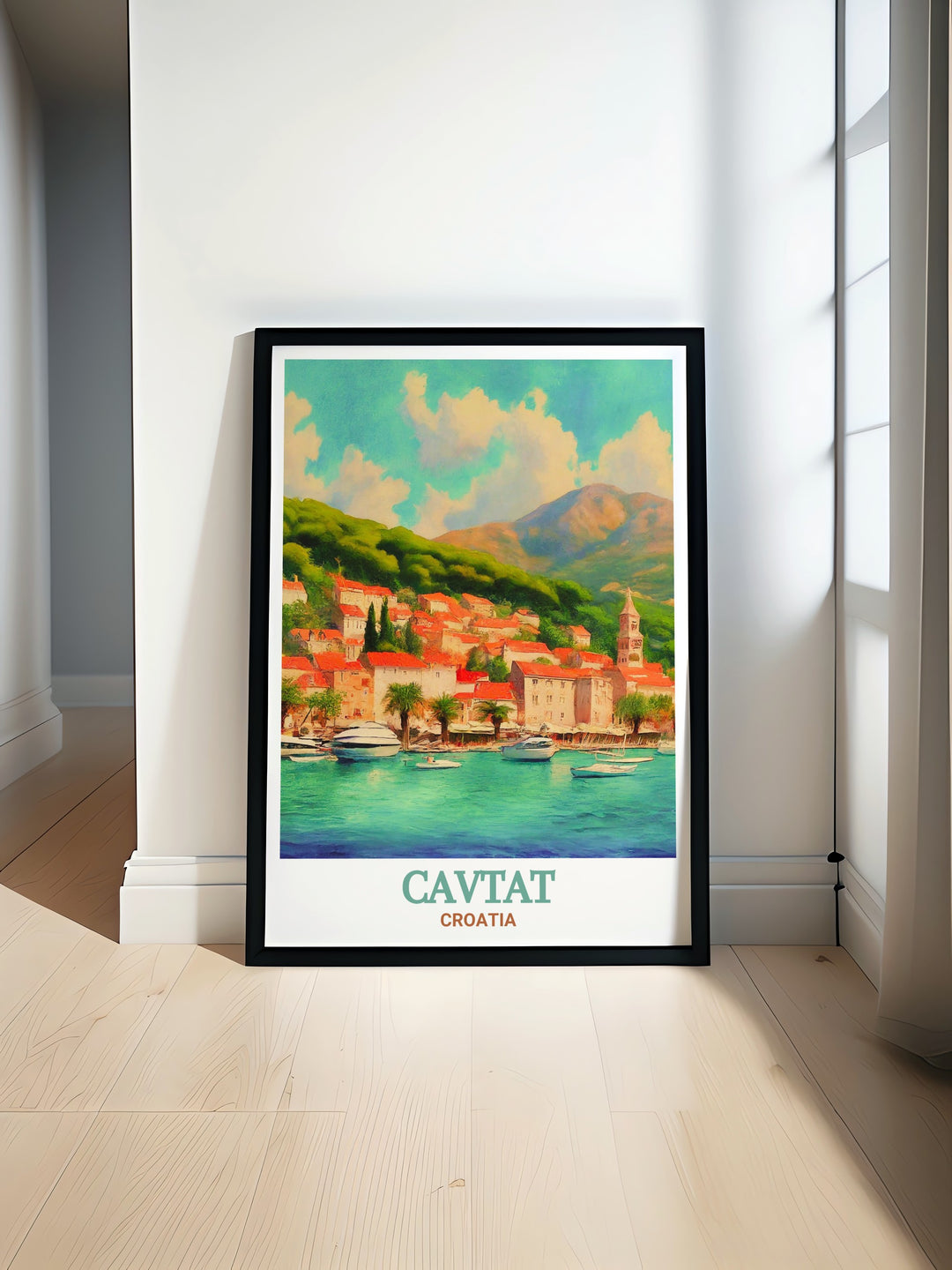 This Cavtat Old Town poster print beautifully captures the historic charm of Cavtats winding streets and its picturesque harbor, making it the perfect artwork for any travel enthusiast or lover of Croatias coastal towns.