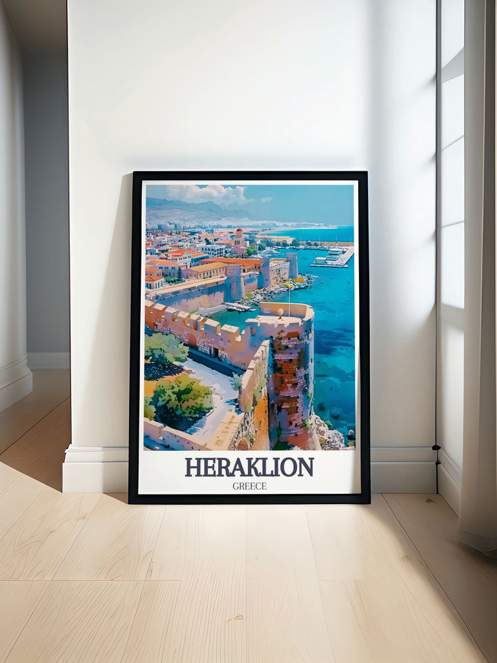 Home decor print showcasing the serene beauty of the Old Harbor in Heraklion, Crete, Greece. The artwork highlights the Koules Fortress, fishing boats, and vibrant harbor life, bringing the essence of Greek maritime heritage into your home.