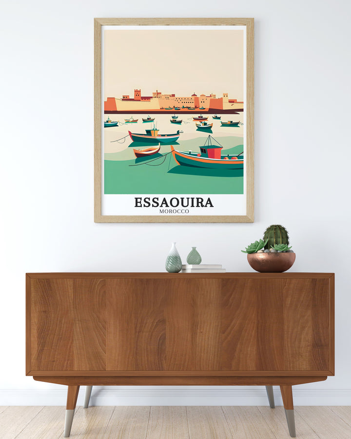 Explore the magic of Essaouiras historic charm with this travel poster. Showcasing the beautiful blend of Moroccan architecture and coastal scenery, this print transports you to the vibrant streets and serene beaches of Essaouira. A great addition to your home or office decor.