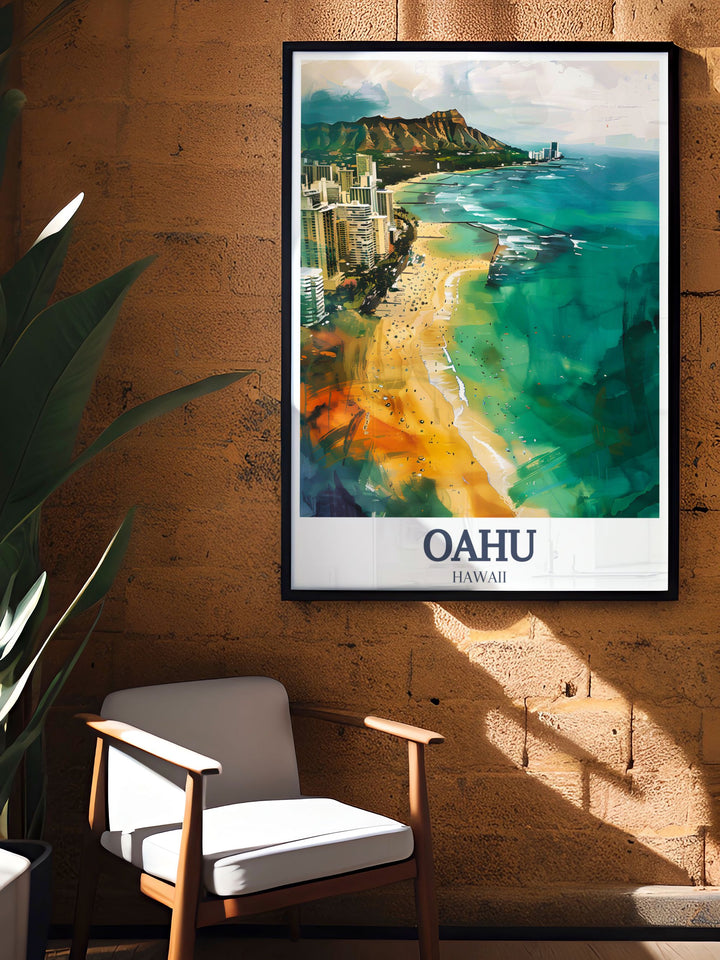 Celebrate the beauty of Hawaii with this travel print of Oahus Diamond Head and Waikiki Beach. Ideal for home décor or as a unique travel gift, this vibrant artwork captures the essence of Hawaiis tropical allure.