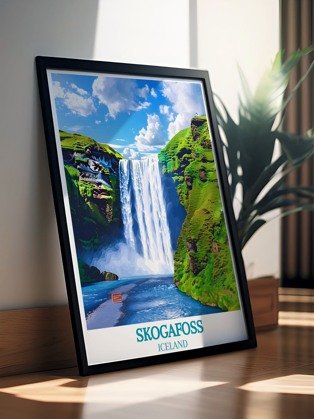 Embrace the magic of Skogafoss with this travel poster, depicting the powerful waterfall and the vibrant colors of the rainbow in its mist.