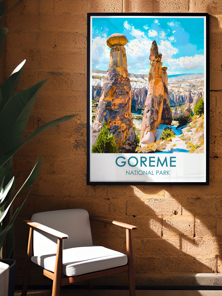 The Goreme National Park Travel Print showcases the surreal landscape of Cappadocia, Turkey. With its towering fairy chimneys and hot air balloons, its a beautiful piece of wall art for travel enthusiasts.