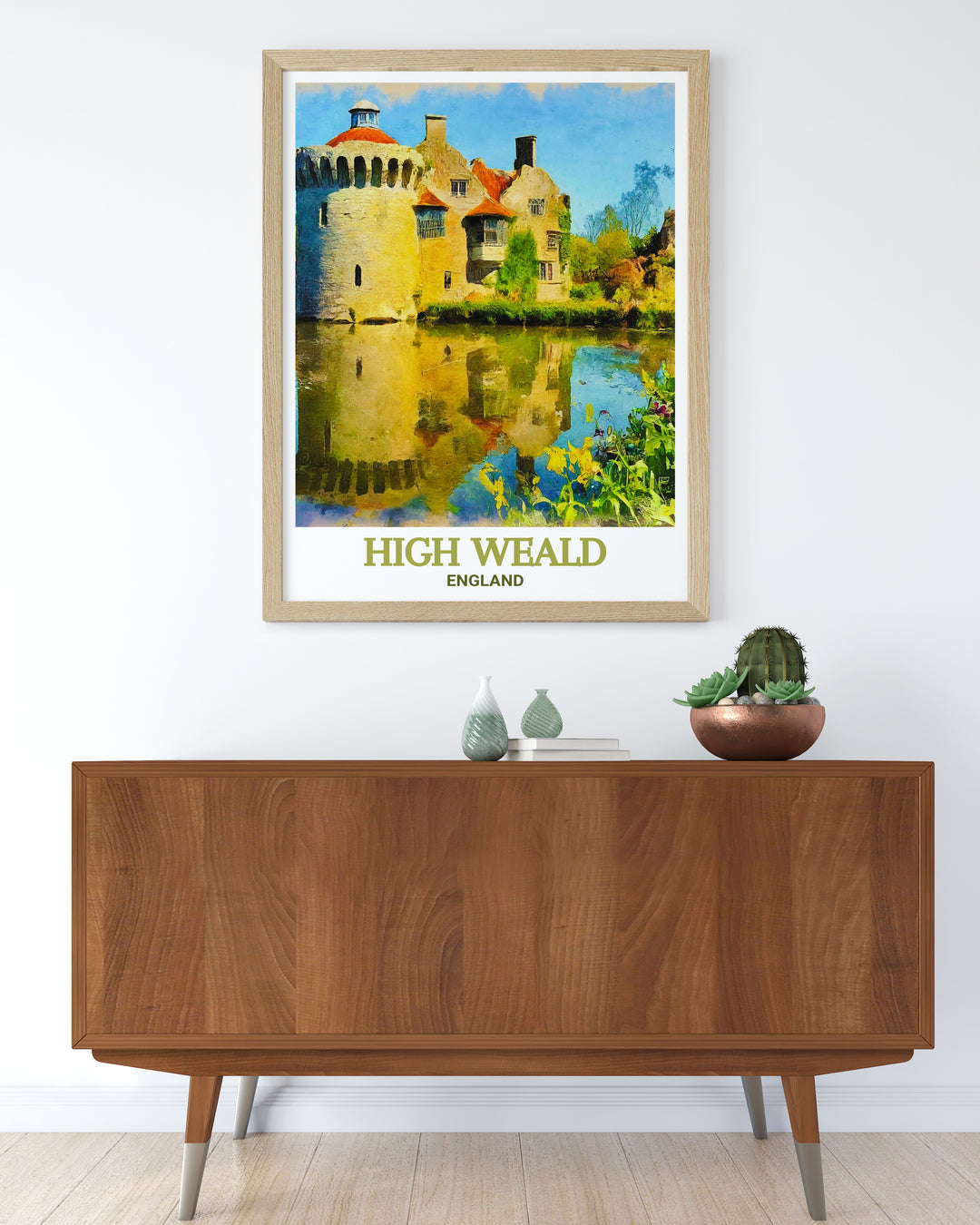 High Weald and Scotney Castle poster featuring the picturesque landscapes of Kent and Sussex perfect for enhancing your living room decor with a touch of British countryside charm ideal for framing and displaying in any room.