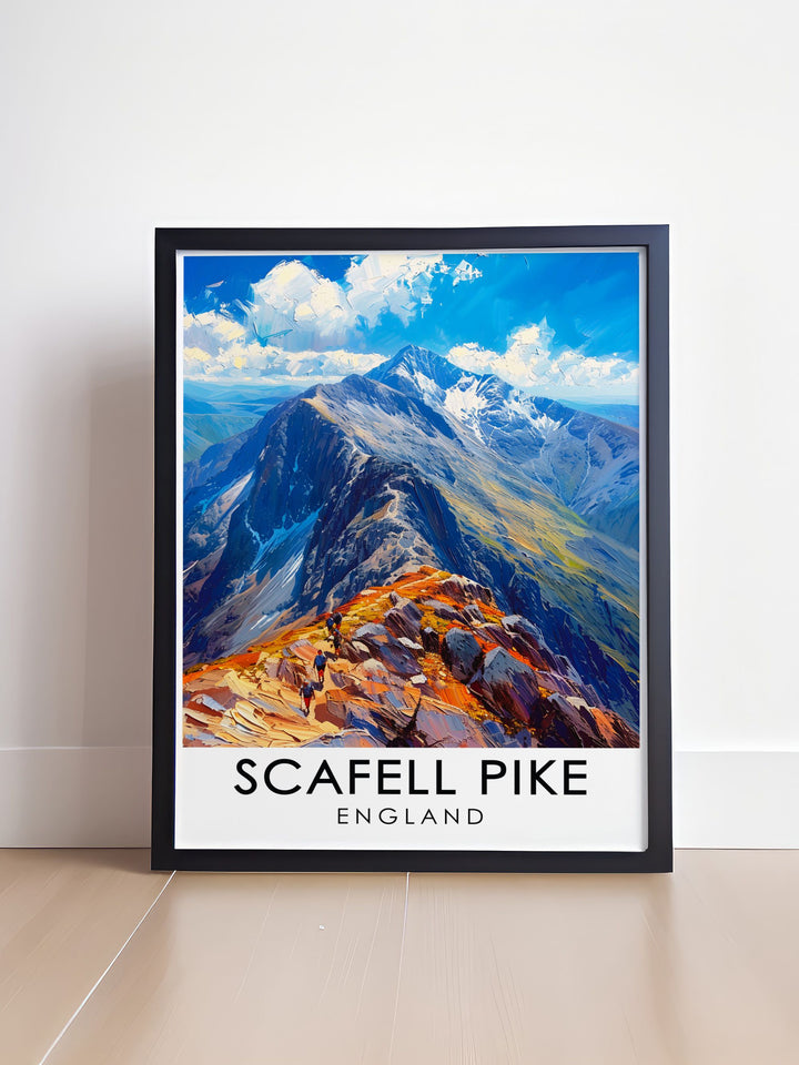 A striking portrayal of the Scafell Pike summit, this travel print brings the adventure of the Lake District to your walls. Ideal for outdoor lovers, the art captures the natural beauty of Englands highest mountain, making it a memorable gift or home decor piece.