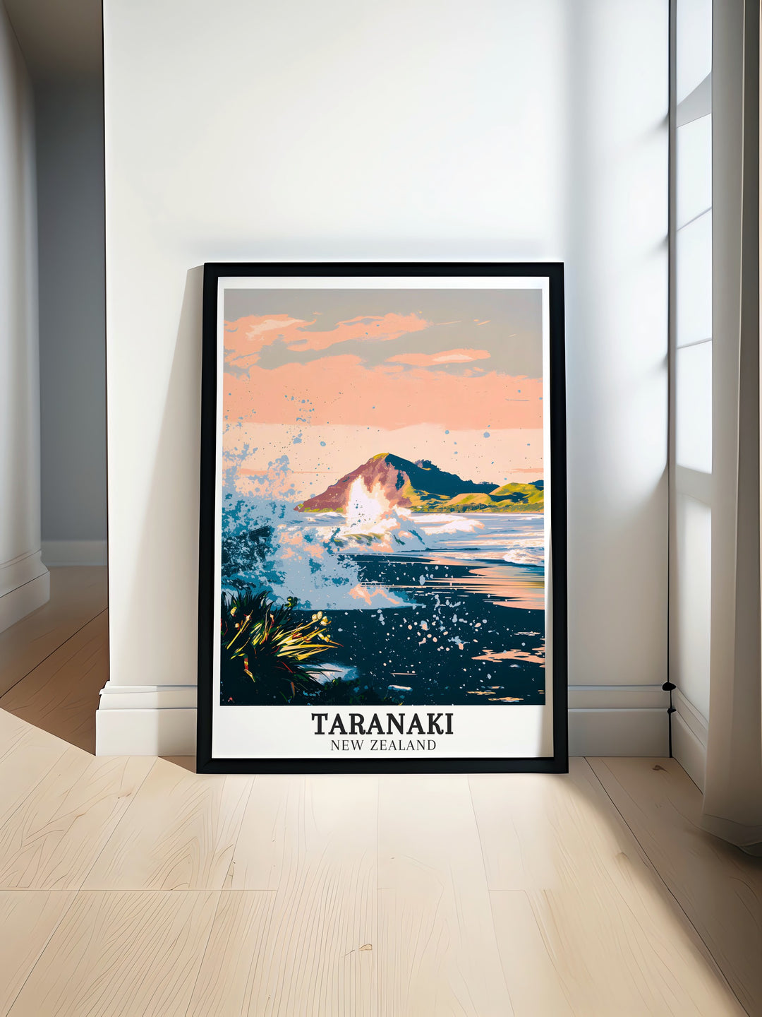 Taranaki poster print showcasing scenic Back Beach New Plymouth with vibrant colors and intricate details creating a stunning New Zealand wall art piece perfect for enhancing any living space