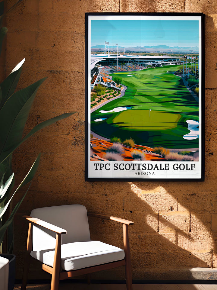 Sonoran Desert poster highlighting the striking natural beauty surrounding the TPC Scottsdale golf course. The deserts towering cacti and expansive vistas create a stunning contrast to the courses manicured fairways, perfect for those who appreciate Arizonas unique landscapes.