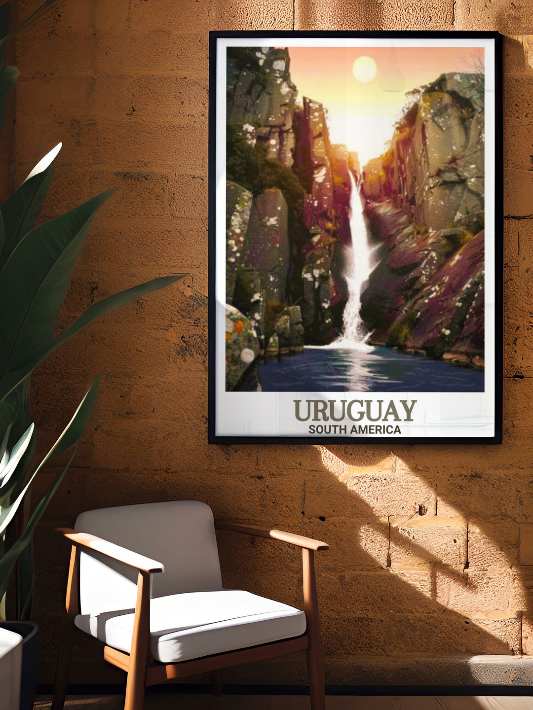 Uruguay art print showcasing the vibrant streets of Montevideo and the serene waterfall of Salto del Penitente perfect wall decor for travel enthusiasts and those who love unique and beautiful art.