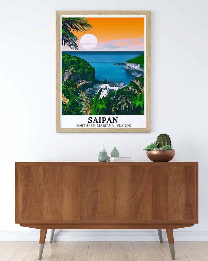 Saipan canvas art displaying the colorful scenery and peaceful pathways along Marine Beach near Kagman. Enhance your wall decor with these exquisite travel canvas prints from the Mariana Islands. Perfect for adding a touch of natural beauty to any room, these art pieces showcase the vibrant landscapes and serene waters of Saipan.