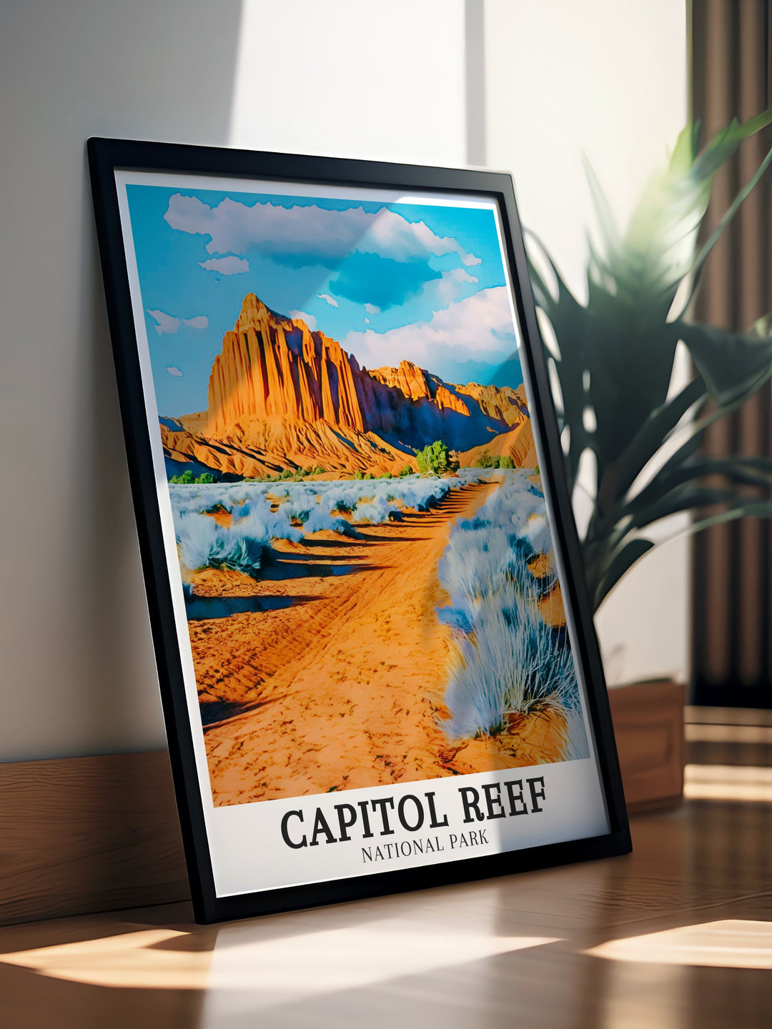 Navajo Sandstone Travel Print captures the vibrant colors and unique textures of Capitol Reefs dramatic cliffs. This travel print brings the essence of Utahs natural beauty into your home, offering a detailed look at one of the Southwests geological wonders.