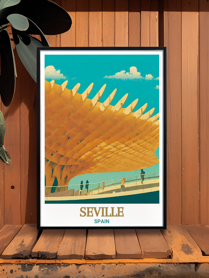 This Seville Poster Print features the iconic Metropol Parasol, an architectural marvel in the heart of Seville, Spain. The dynamic wooden structure contrasts beautifully with the historic backdrop of the city, creating a unique piece of wall art for lovers of modern architecture and Spanish culture.