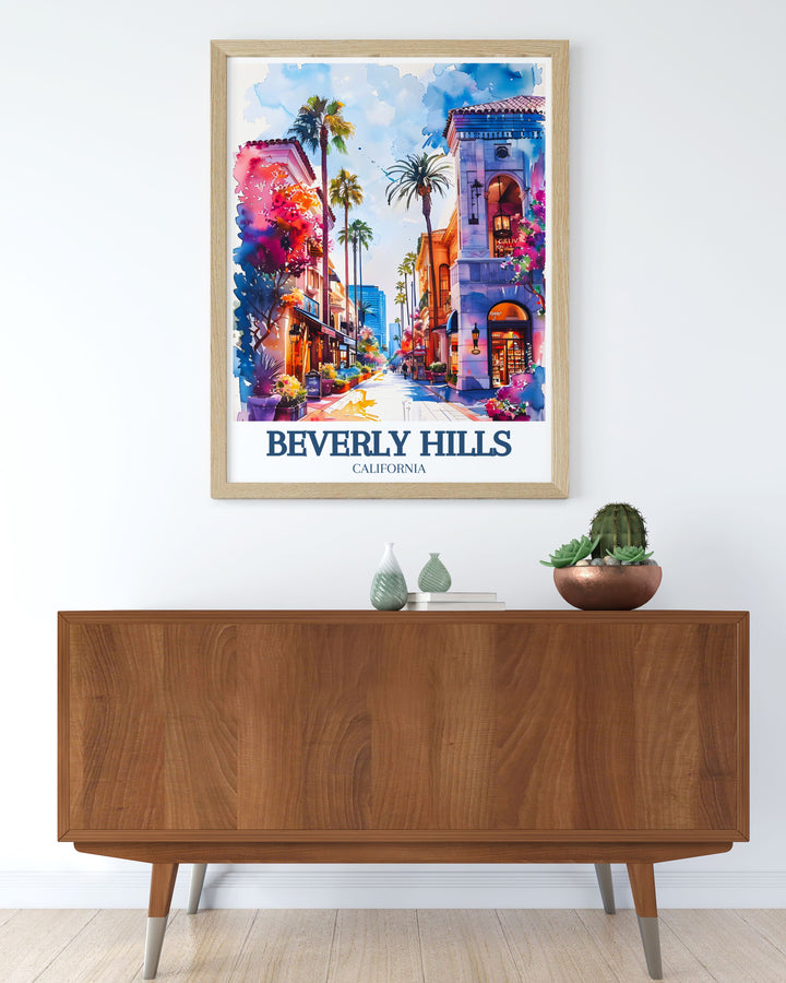 Captivating Beverly Hills travel poster capturing the bustling Rodeo Drive and the picturesque Three Rodeo Drive, perfect for enhancing your home or office with Beverly Hills iconic beauty.