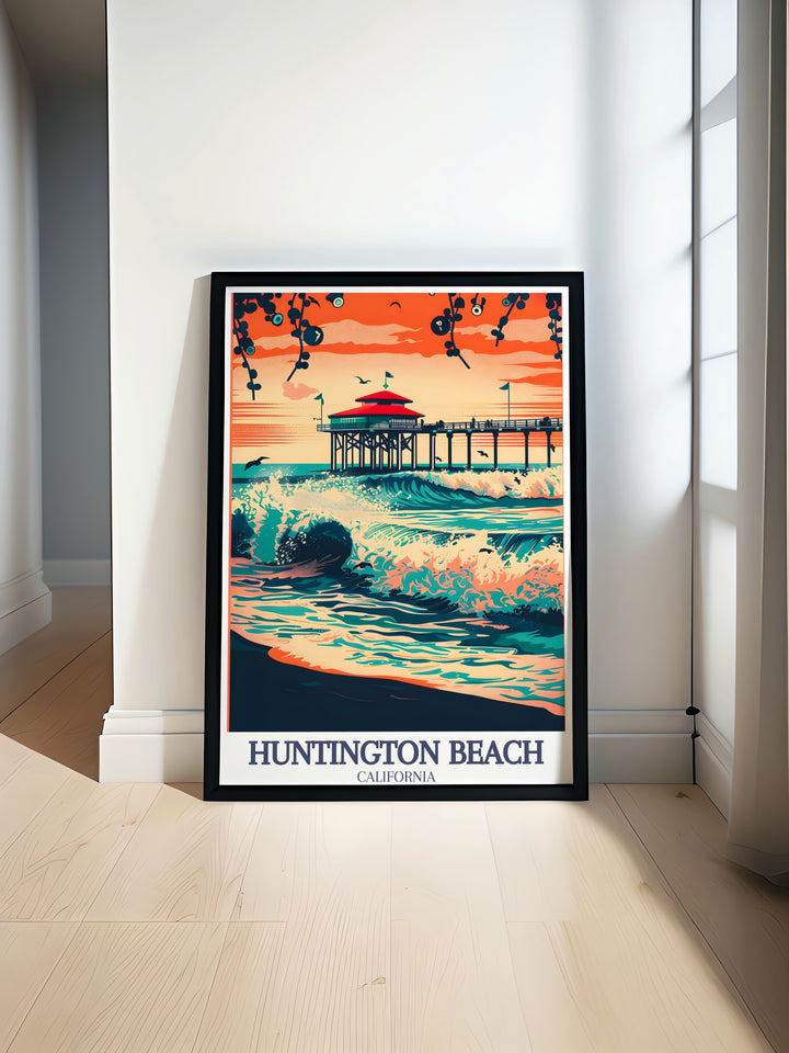 Bring the beauty of the Pacific Coast into your home with this Huntington Beach poster. Featuring the pier and ocean waves, this vintage inspired travel print is a must have for lovers of Californias famous beaches.