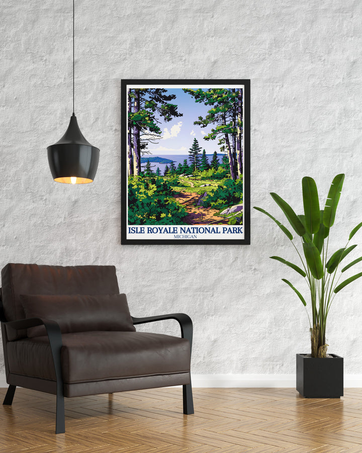 A stunning wall art piece showcasing the scenic views of Isle Royale and its surroundings. The tranquil atmosphere invites viewers to experience the magic of Isle Royale National Park, making it a perfect addition to any decor.