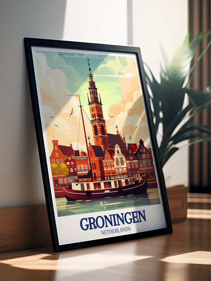 A detailed Netherlands print featuring Groningens iconic Aa Church, standing proudly beside the peaceful Groningen canal. This print brings the historical and architectural beauty of one of the Netherlands most charming cities into your living space, perfect for art lovers and travelers.