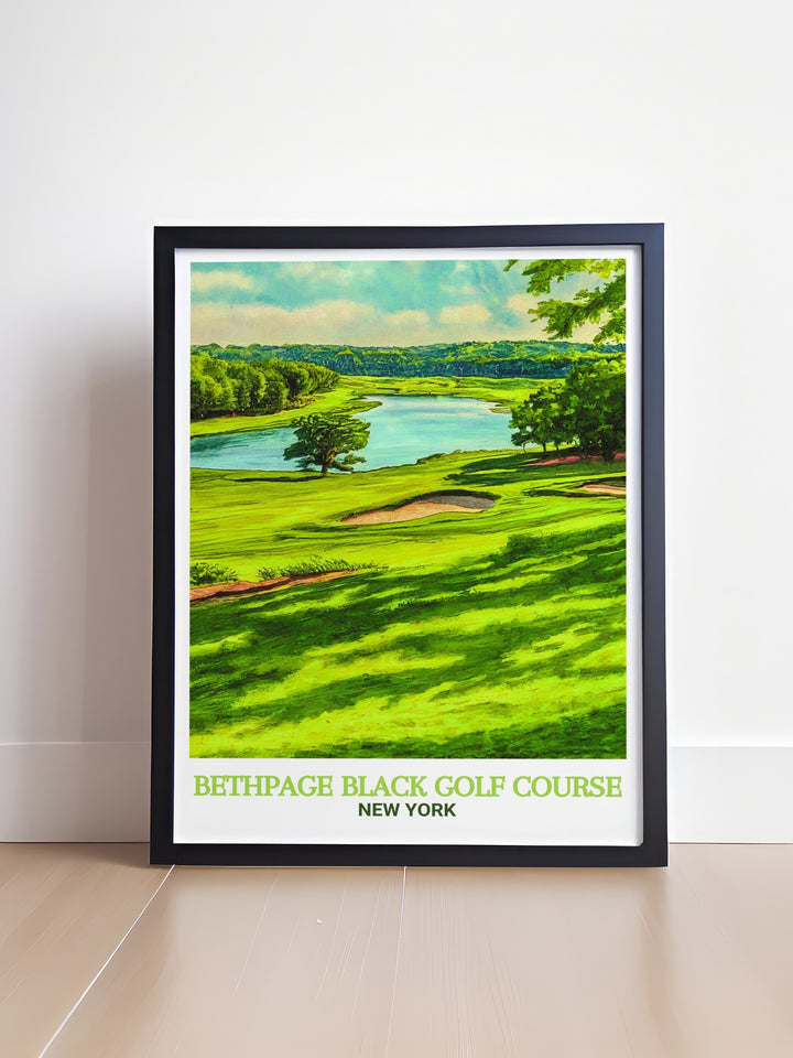 Bethpage State Park Travel Poster highlights the breathtaking vistas and lush fairways of one of the worlds most challenging golf courses. This poster print, featuring the famous Bethpage Black Golf Course, serves as a perfect gift or decor for any golf fan or collector.