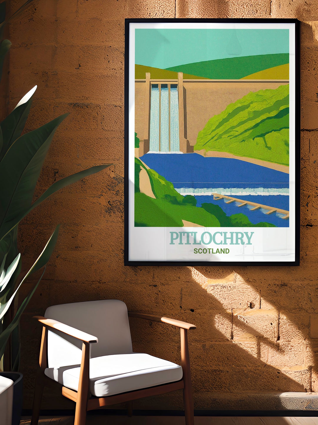 Scotland travel poster showcasing the Pitlochry Dam and Fish Ladder in the heart of the Highlands, where history meets nature in a breathtaking display. This detailed wall print is perfect for those who appreciate the intricate connection between Scotlands landscapes and its cultural heritage.