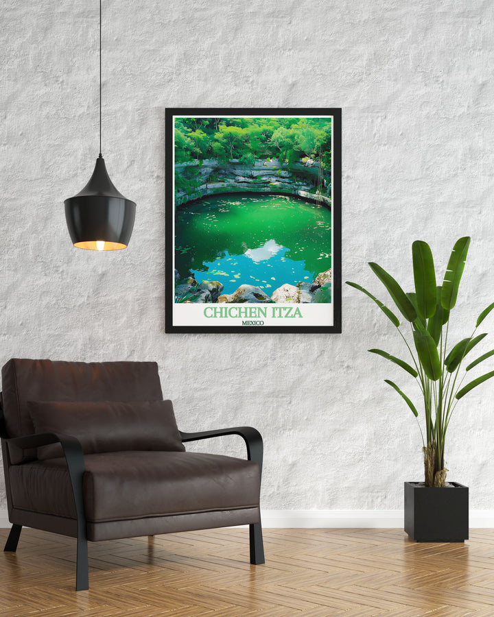 This travel poster of Chichen Itza captures the majestic beauty of the Sacred Cenote, perfect for adding a touch of ancient wonder to your decor. Featuring the iconic cenote, this poster brings the historical grandeur of Mexico into your home.