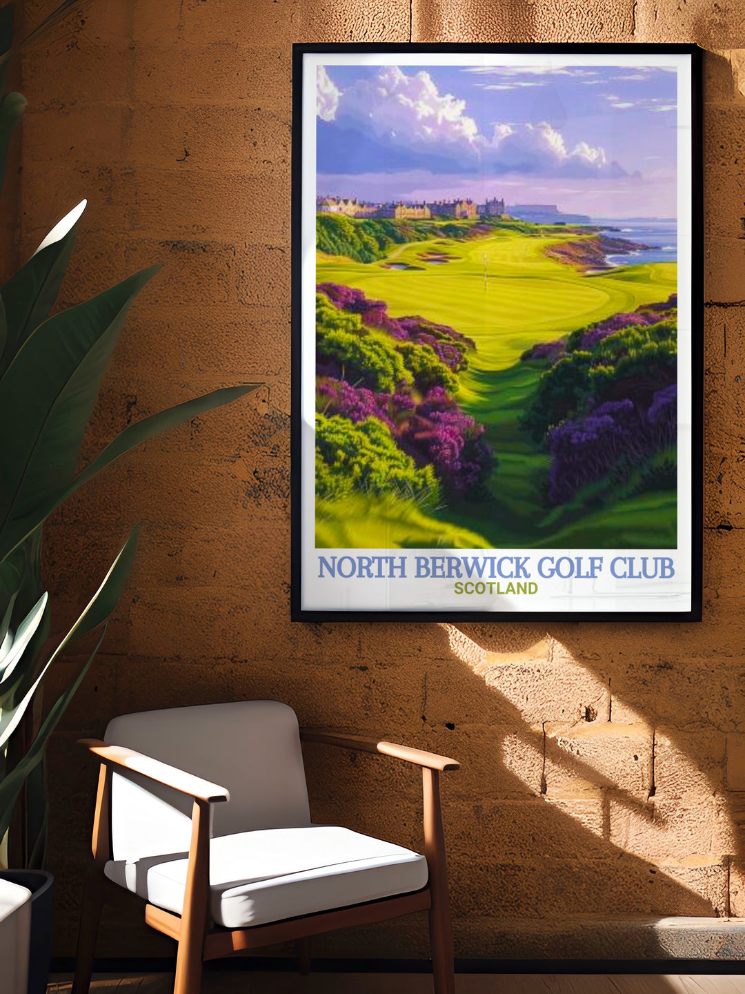 Scotland Travel Print highlighting the natural beauty and history of North Berwick Golf Club. This detailed poster brings to life the unique landscapes of this historic golf course with its rugged coastline and serene greens, ideal for adding a touch of Scottish charm to your home decor.