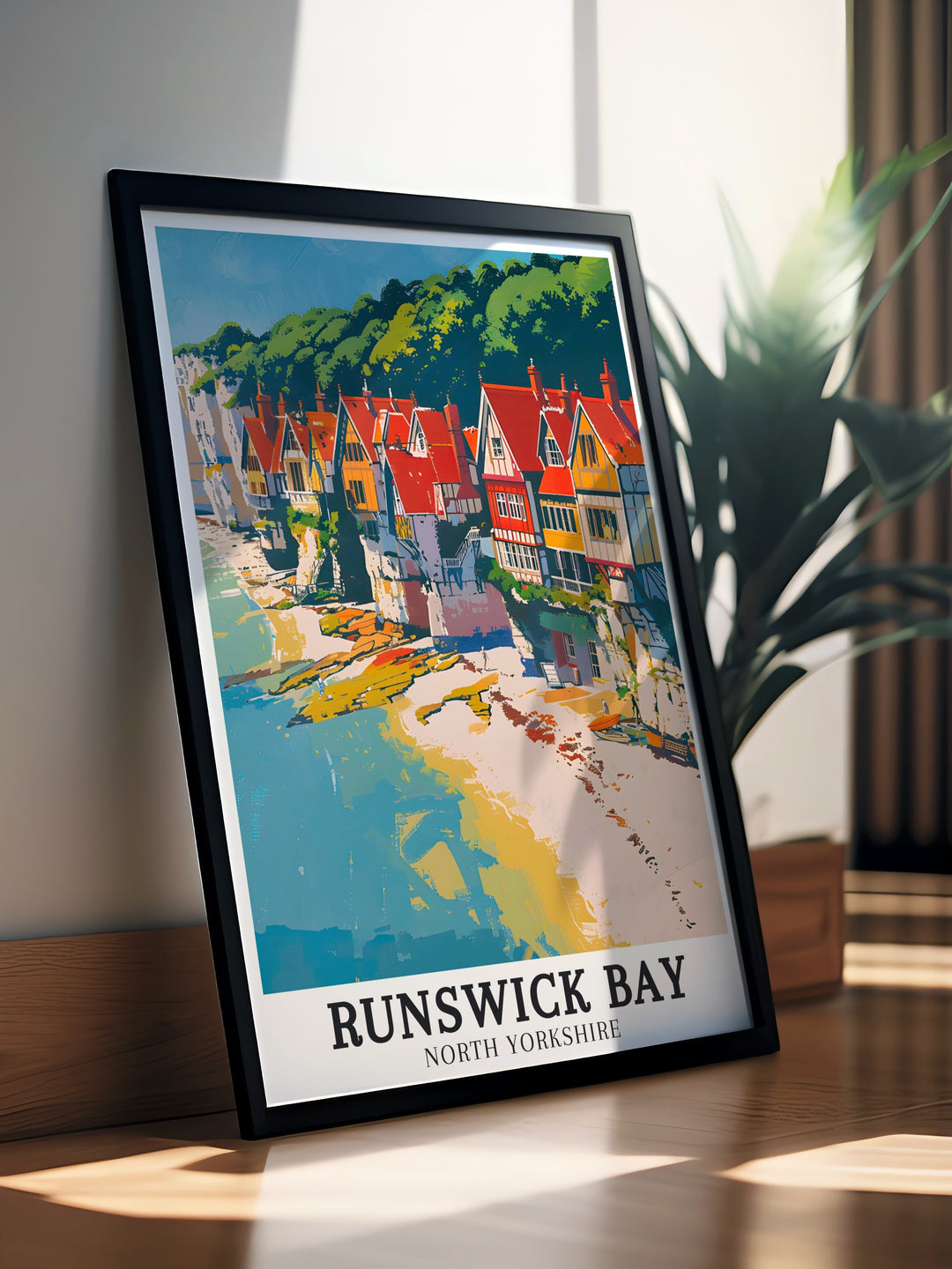 Framed print of Runswick Bay Village and Runswick Beach Whitby capturing the serene coastal landscape of North Yorkshire a perfect addition to your living room decor and a beautiful gift for those who appreciate the tranquility of coastal towns and nature