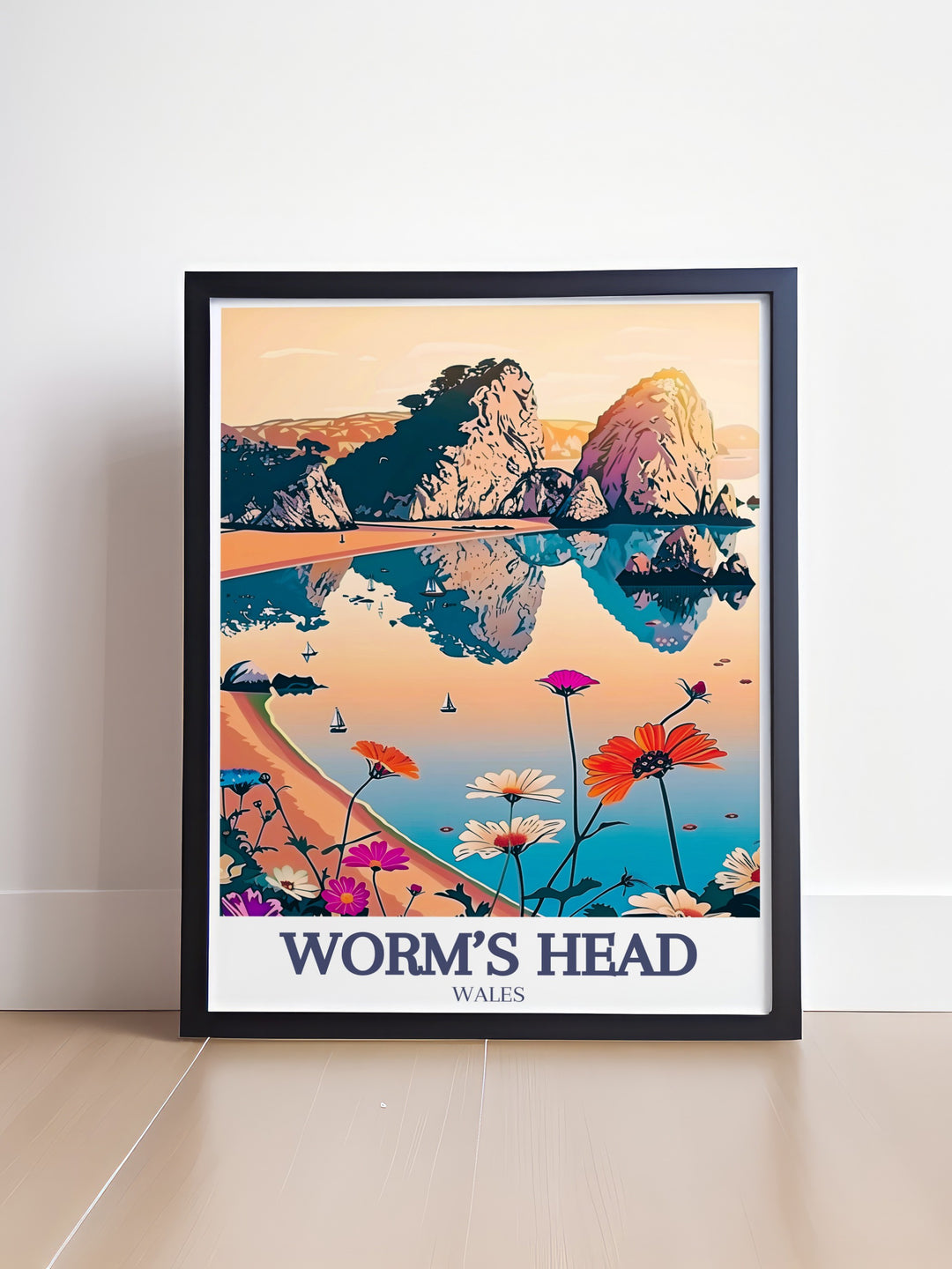 Worms Head Travel Poster captures the striking scenery of Wales Gower Peninsula, showcasing Worms Head and Three Cliffs Bay in a vibrant and detailed depiction. This canvas art is perfect for those who love coastal adventures and the beauty of the UKs landscapes.