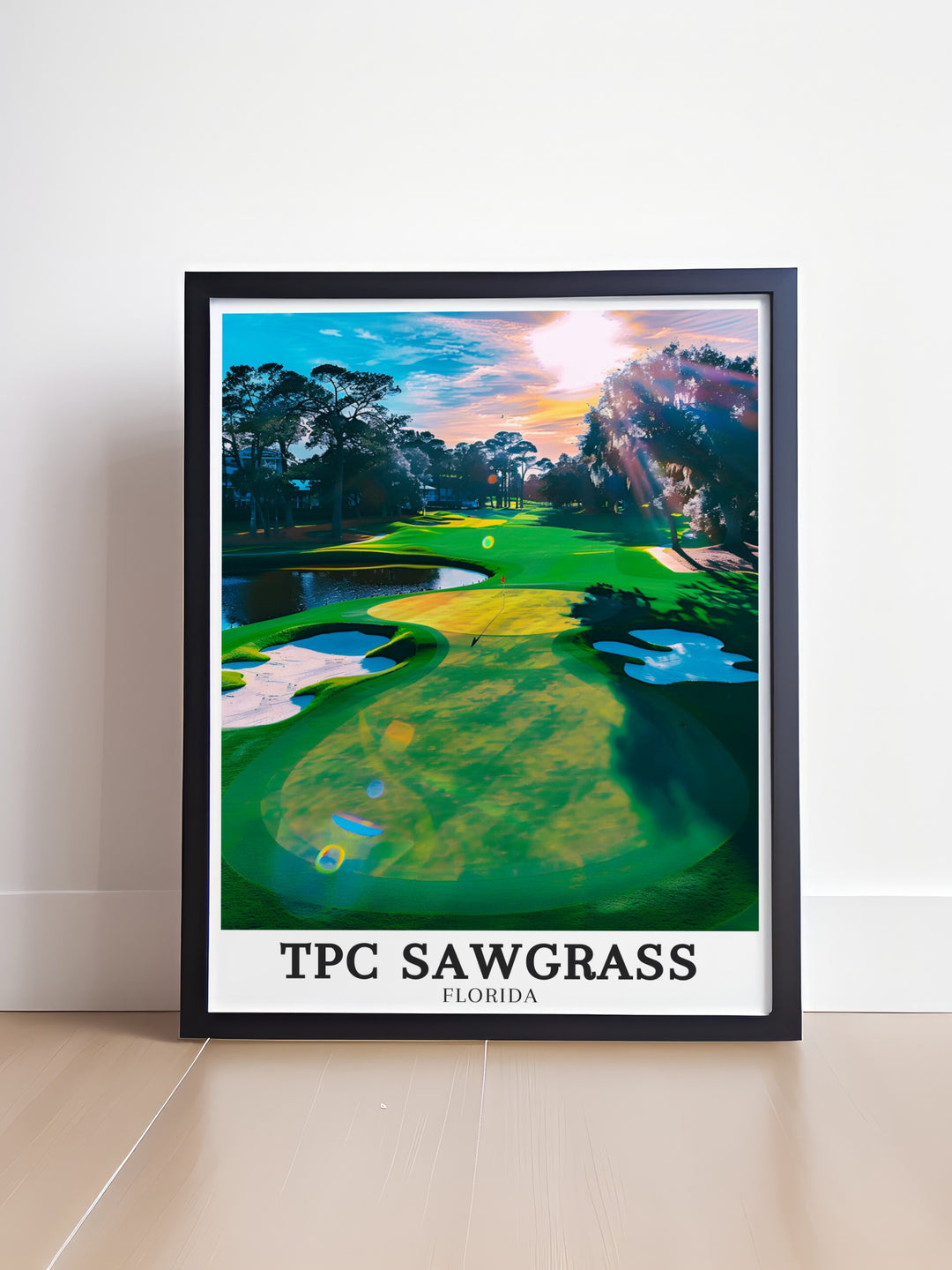 TPC Sawgrass, home to the Stadium Course and Celebration Bermuda Fairway, is a golfers paradise. This print captures the courses elegance and difficulty, making it a must have for any fan of the sport. The artworks detailed composition and vibrant colors add a touch of golfing prestige to any room.