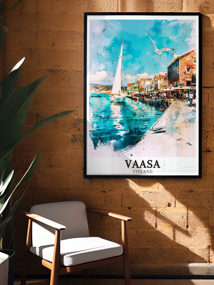 Celebrate the beauty of Vaasa, Finland, with this vibrant wall art, featuring the calm waters of Varsa Harbour and the stunning Baltic Sea. Perfect for those who love Scandinavian landscapes and coastal art.