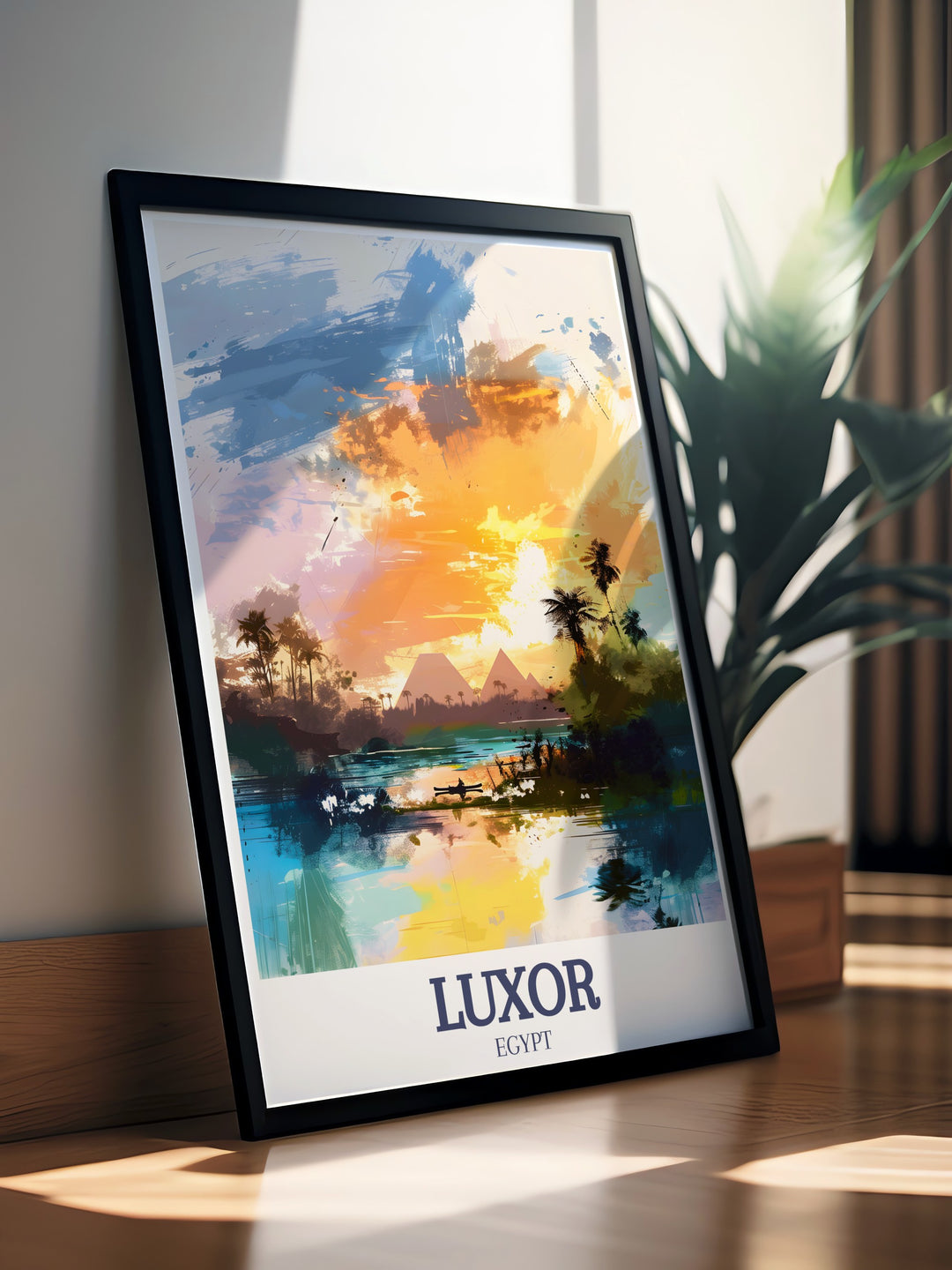 Luxor travel print featuring the Pyramids of Giza and Nile River a beautiful and sophisticated addition to any living room or office space ideal for those who appreciate the rich history and culture of Egypt