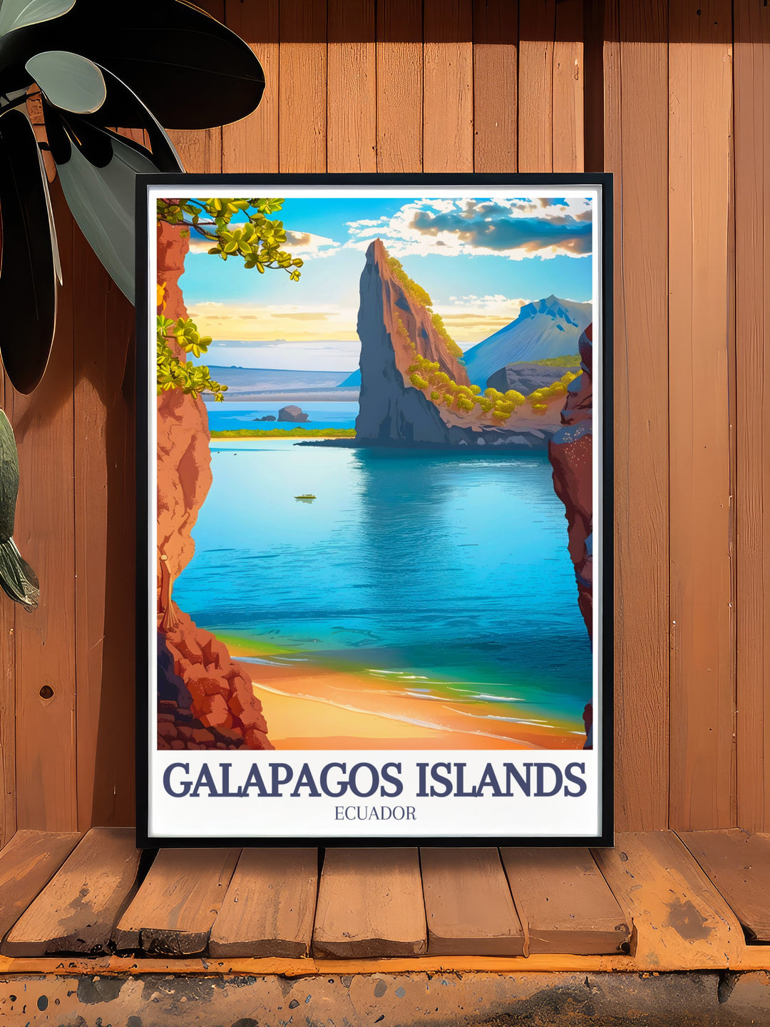 Galapagos travel poster showcasing Pinnacle Rock and Bartolomé Island, two must see locations in the Ecuadorian archipelago. The perfect wall decor for nature lovers and travelers alike, this print brings the rugged beauty of the Galapagos into your home.