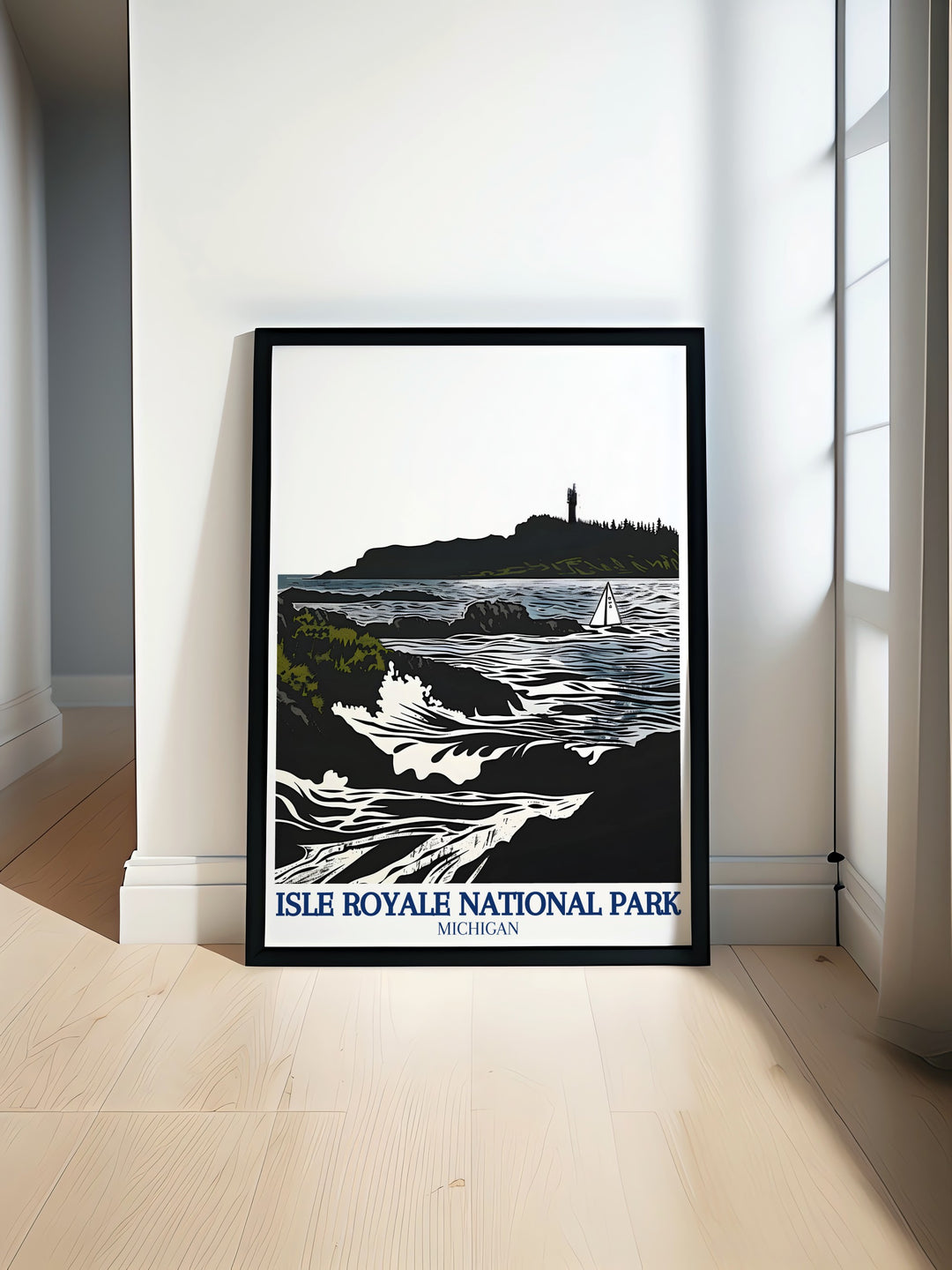 An art print dedicated to Isle Royale, illustrating the captivating scenery and rich wildlife found in the national park. The stunning landscapes depicted in this artwork make it a fantastic decor choice for anyone who appreciates the beauty of nature.