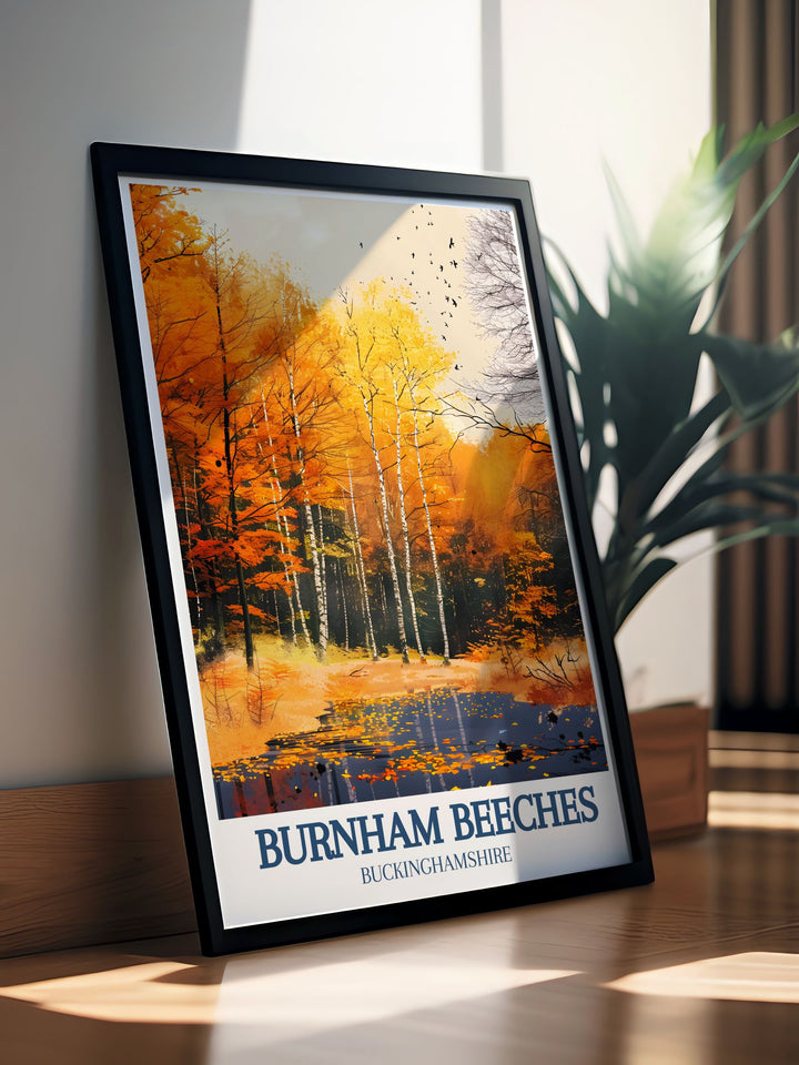 Elegant Burnham Beeches wall art depicting Upper Pond and Farnham Common, showcasing the areas natural and historical beauty. Perfect for adding sophistication and a touch of the British countryside to any room.