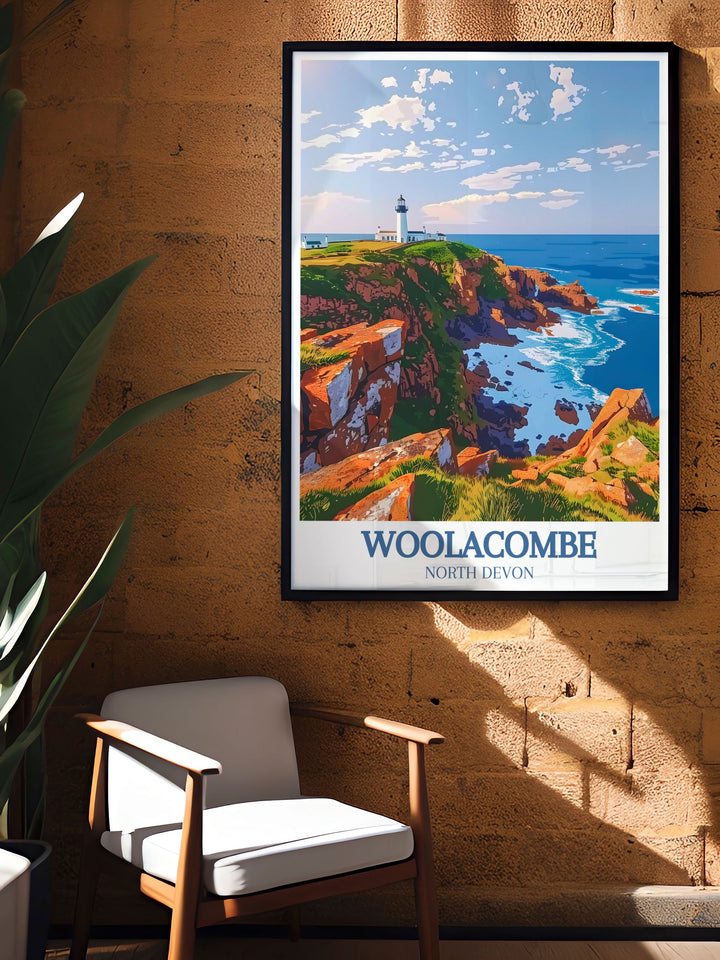 Morte Point and Bull Point Lighthouse perfect wall decor featuring stunning coastal scenery of Devon ideal for creating a serene and elegant ambiance in any room a thoughtful gift for travelers and art enthusiasts