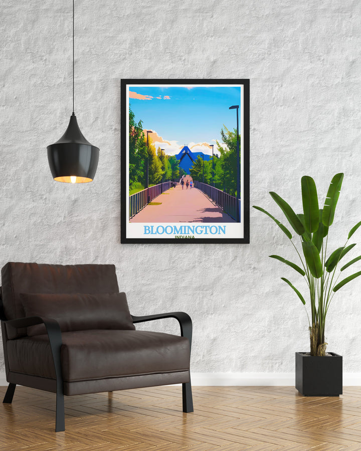 B Line Trail travel poster featuring the vibrant color palette of Bloomington Indiana ideal for anyone who cherishes the outdoors and wants to bring a piece of the citys beloved trail into their home with elegant design and high quality prints