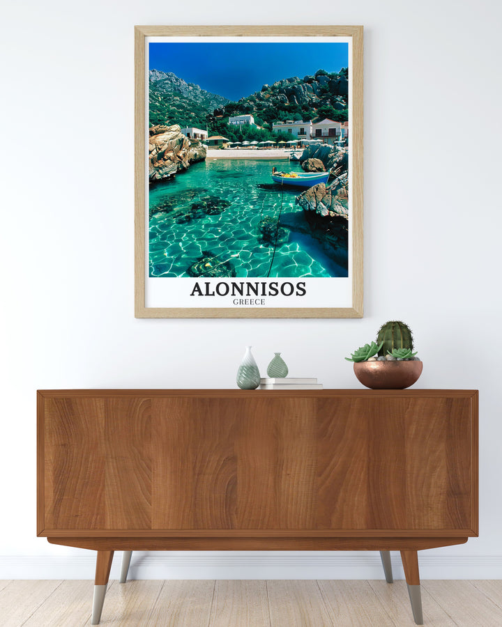 Alonnisos travel poster featuring the quiet beauty of Vrissi beach and the dramatic vistas of Sfakia. This print combines the best of Greeces natural landscapes, making it ideal for travel enthusiasts and art lovers alike.