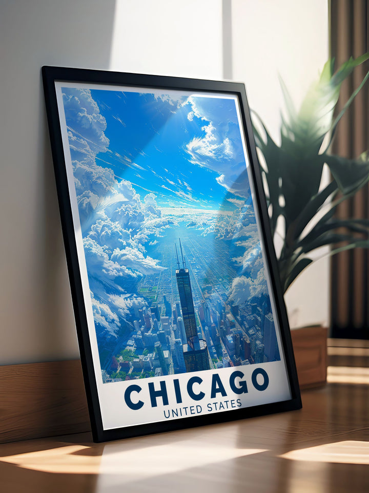 Detailed Chicago cityscape and Willis Tower wall art capturing the essence of the Windy City and its architectural grandeur making a great addition to any home or office decor.