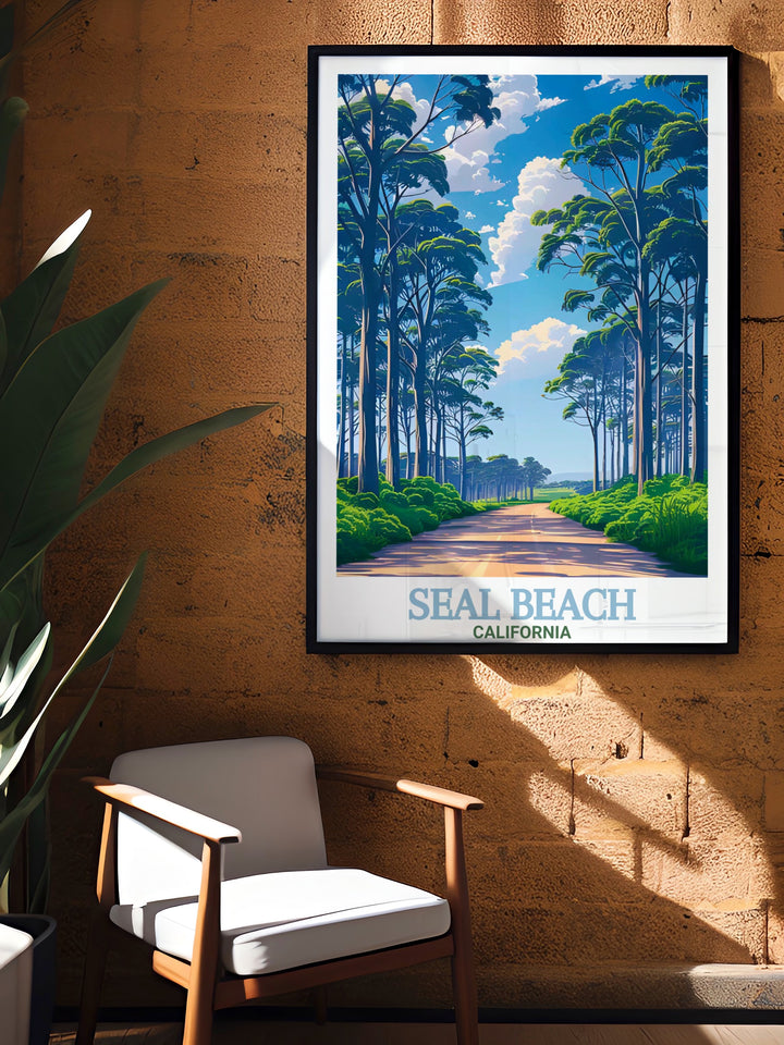 Seal Beach Poster Print captures the tranquil beauty of Californias coastline, featuring the iconic pier and sandy shores. This travel print is perfect for coastal lovers and makes a wonderful addition to home décor. Ideal as a gift for birthdays, anniversaries, or holidays.