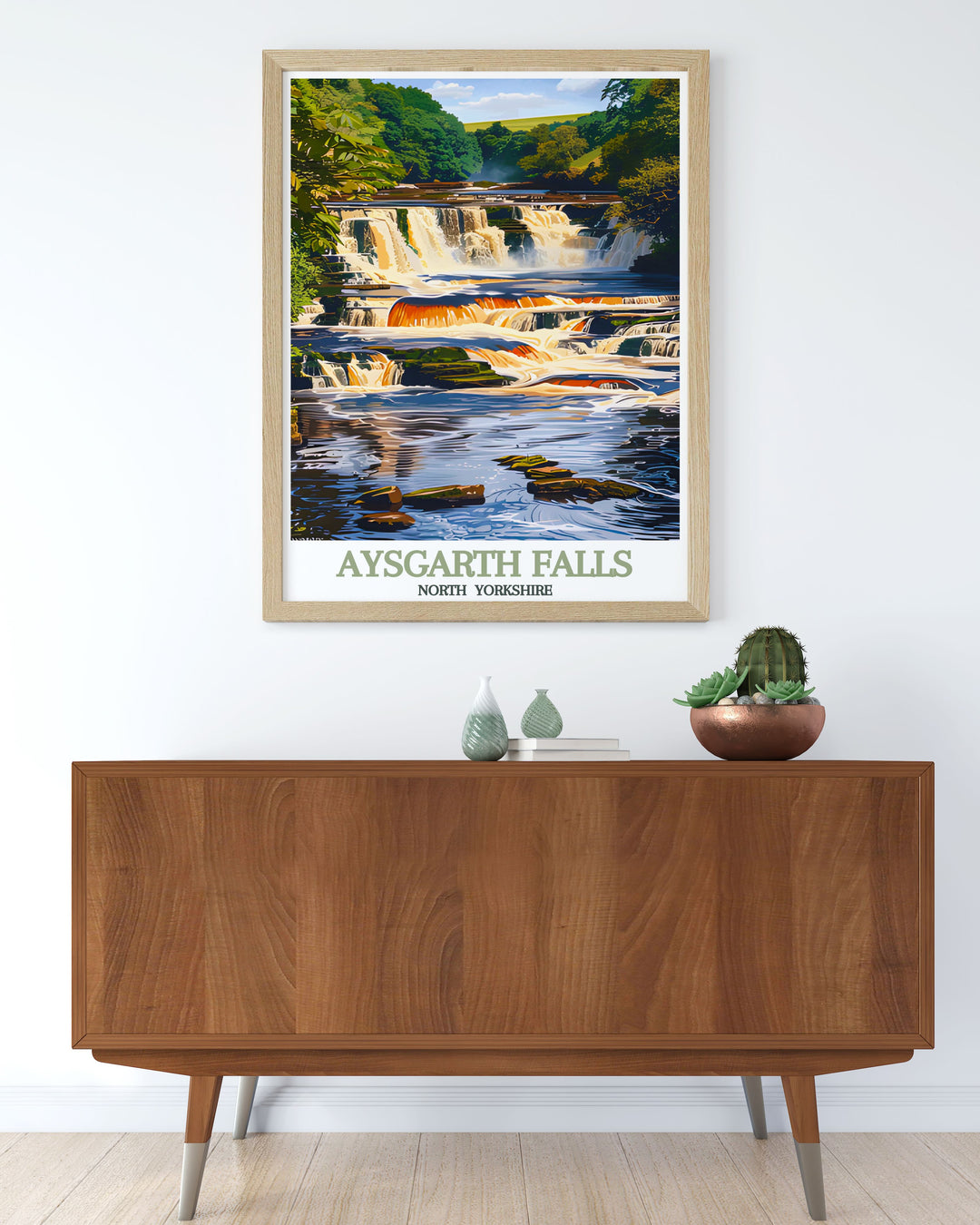 Vintage inspired poster of Aysgarth Falls highlighting the serene landscapes of North Yorkshire ideal for decorating living spaces with a touch of nature featuring the captivating falls of the Yorkshire Dales in a timeless retro style.