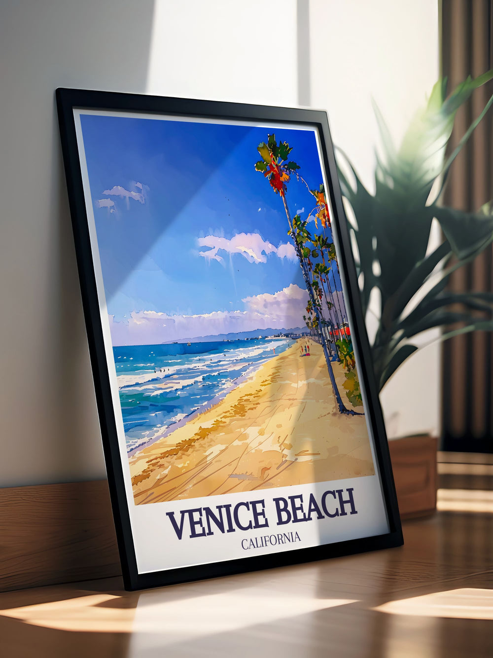 Venice Beach Wall Art highlighting the boardwalks unique energy and colorful culture, with the Pacific Oceans calm waves in the distance. Perfect for art lovers and beachgoers, this print brings the California vibe into any room.