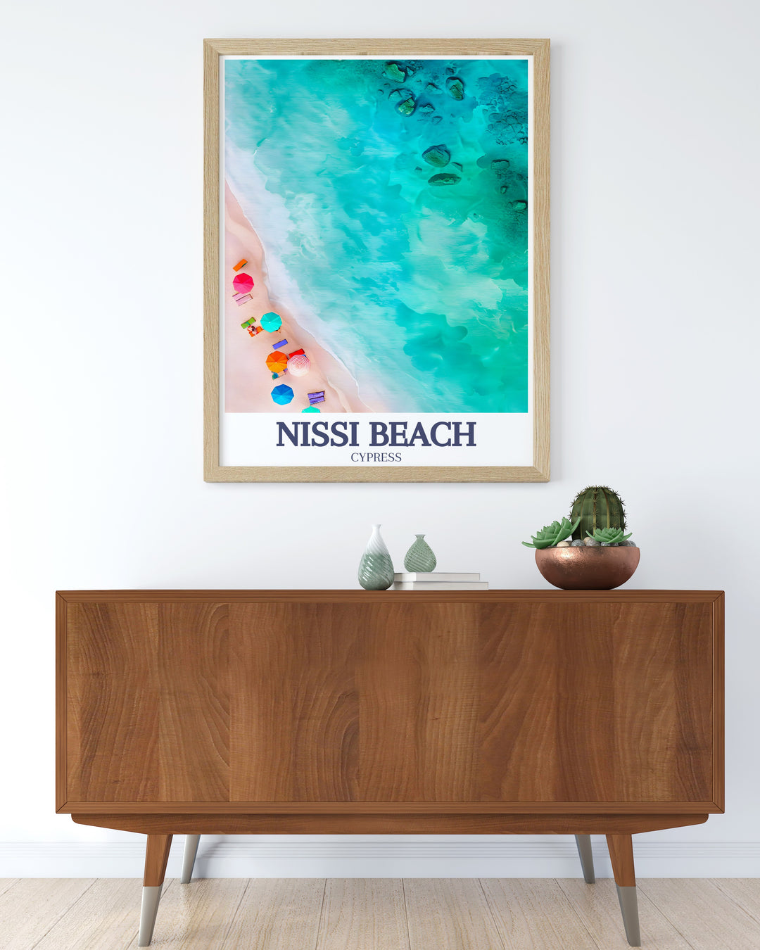 This Nissi Beach travel poster highlights the beautiful sands and clear waters of Ayia Napas most famous beach. Perfect as a canvas art piece or wall poster, this artwork brings the charm of Cyprus into your home and makes a great gift for beach lovers.