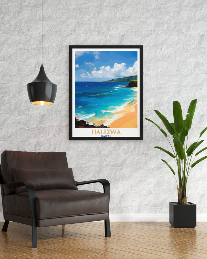 This vintage Haleiwa poster combines the scenic beauty of Waimea Bay with the vibrant cityscape of Haleiwa making it an ideal piece for modern decor Bring the tropical charm of Hawaii into your home with this elegant and stylish artwork