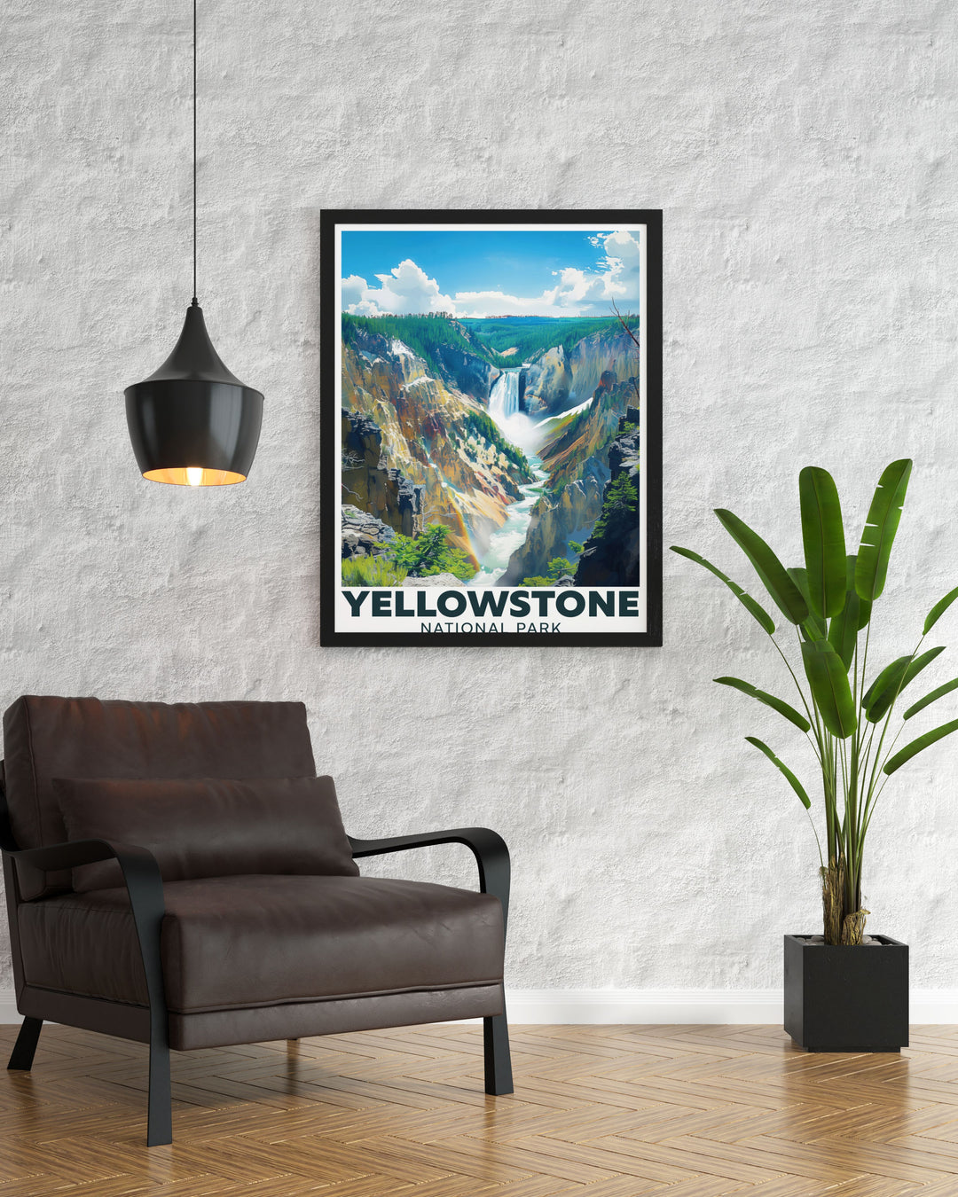 This travel poster artfully combines the stunning scenery of Yellowstone Falls with the breathtaking landscapes of Yellowstone National Park. Perfect for home decor, it celebrates the unique stories and beauty of Americas national parks.