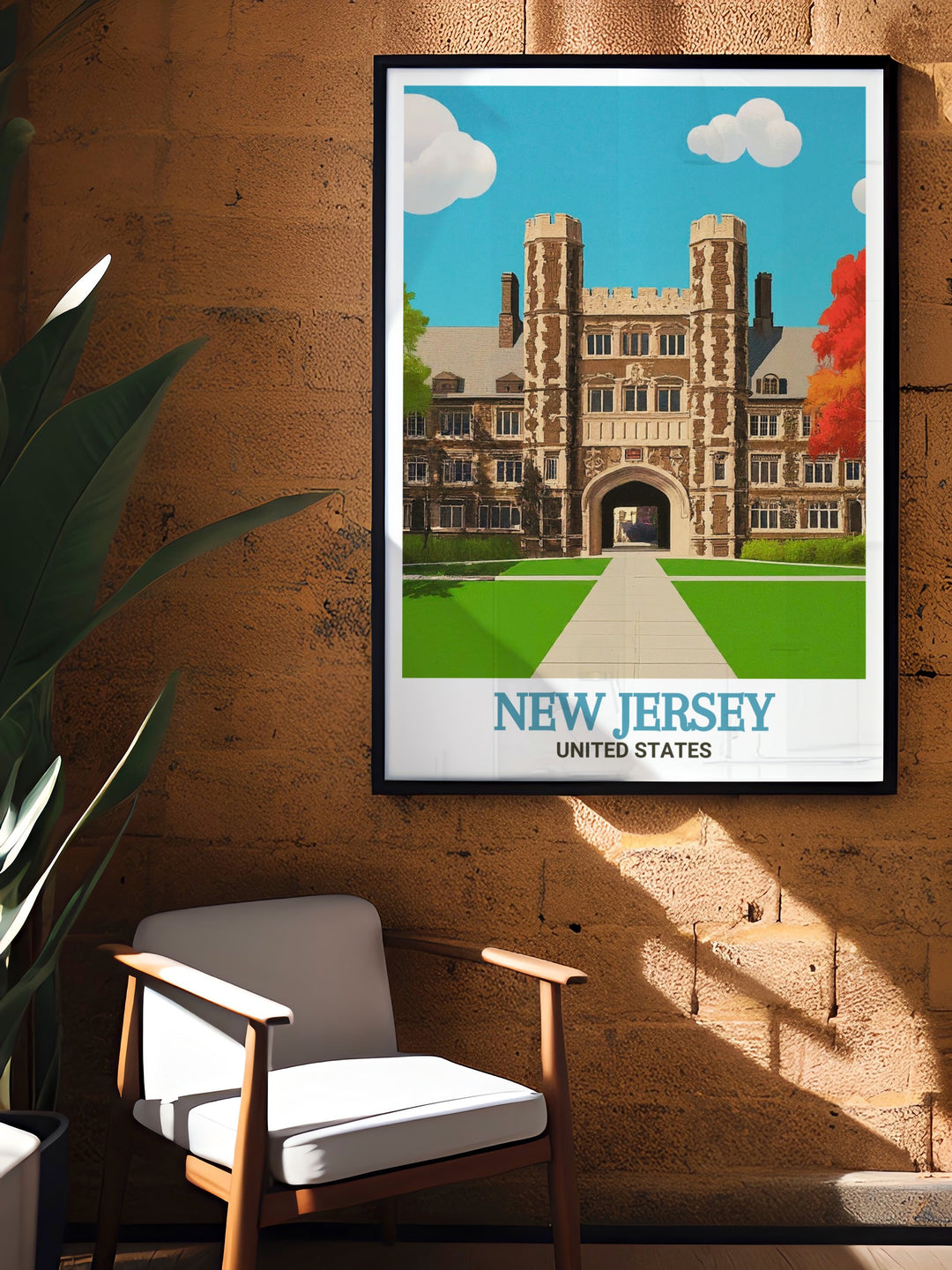 Travel print of Princeton University in New Jersey. This artwork captures the universitys stunning architecture and vibrant campus life. Perfect for home decor or as a unique gift, this print showcases Princetons blend of history and modernity.