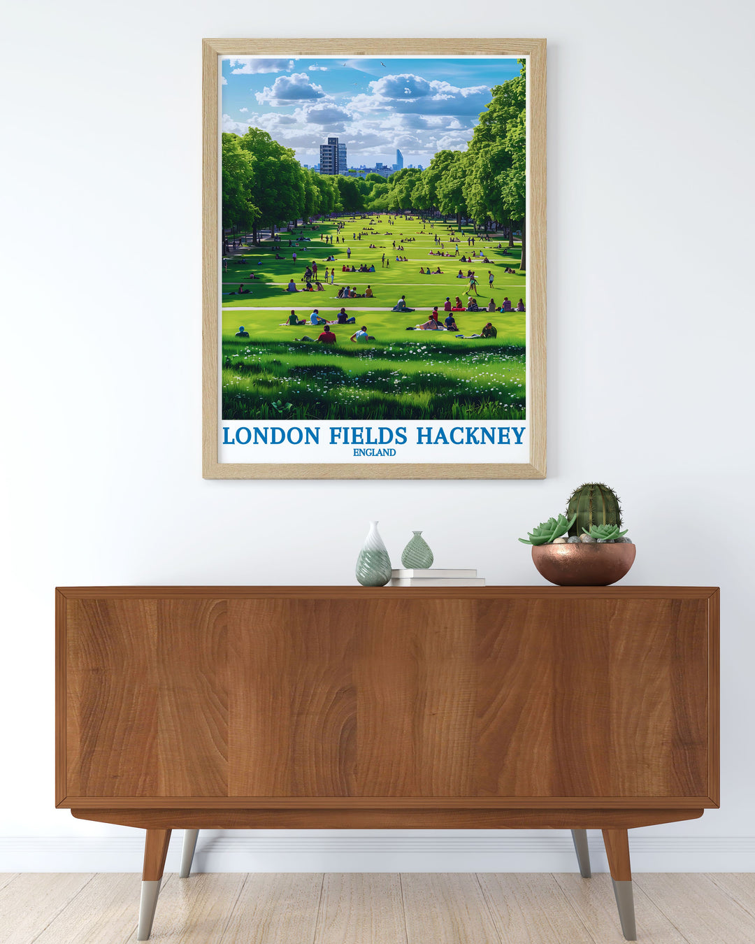 Showcasing the eclectic beauty of London Fields Park, this poster captures its vibrant community and serene landscapes, perfect for enhancing your home decor with East Londons charm.