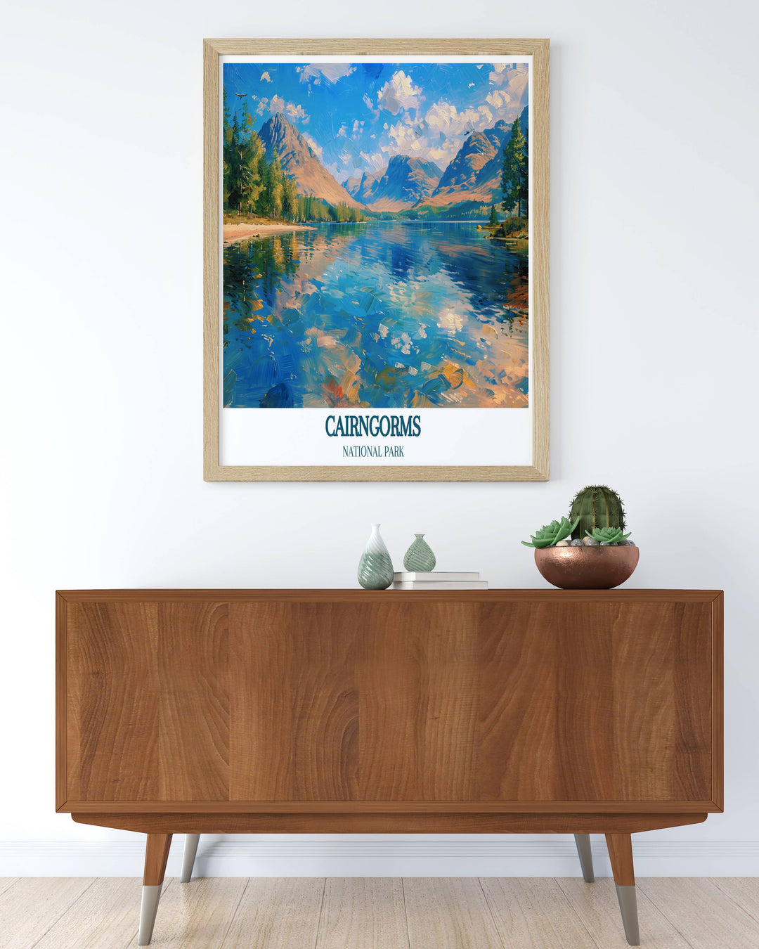 Vintage Travel Print of Loch Morlich nestled within the Cairngorms. This Scotland print is perfect for home decor and as a unique gift for those who admire the Highlands' beauty.