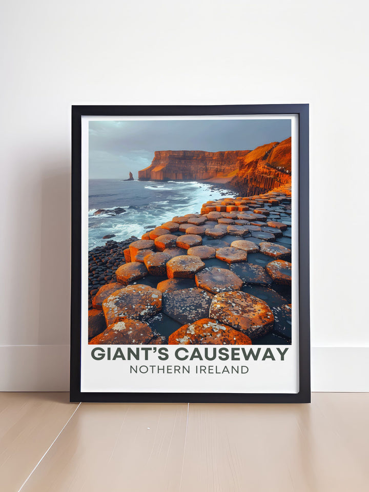 A detailed view of Giants Causeway in Northern Ireland, showcasing the geometric basalt columns formed by ancient volcanic activity, reflecting the natural wonder and geological significance of this iconic landmark.