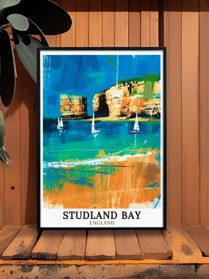 Old Harry Rocks Jurassic Coast art print featuring Studland Bay capturing the beauty of Englands coastlines. Perfect for home decor this print brings the dramatic cliffs and peaceful beaches of England to life making it a wonderful travel gift for loved ones.