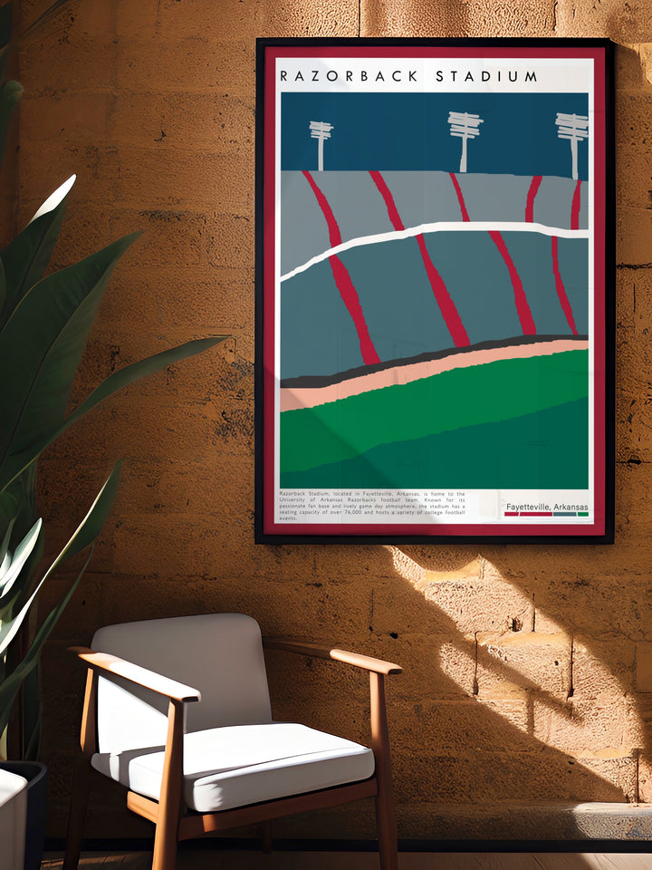 Vibrant Razorbacks poster showcasing the energy of game day at Razorback Stadium ideal for college football enthusiasts and a standout gift for Fathers Day birthdays and other special celebrations