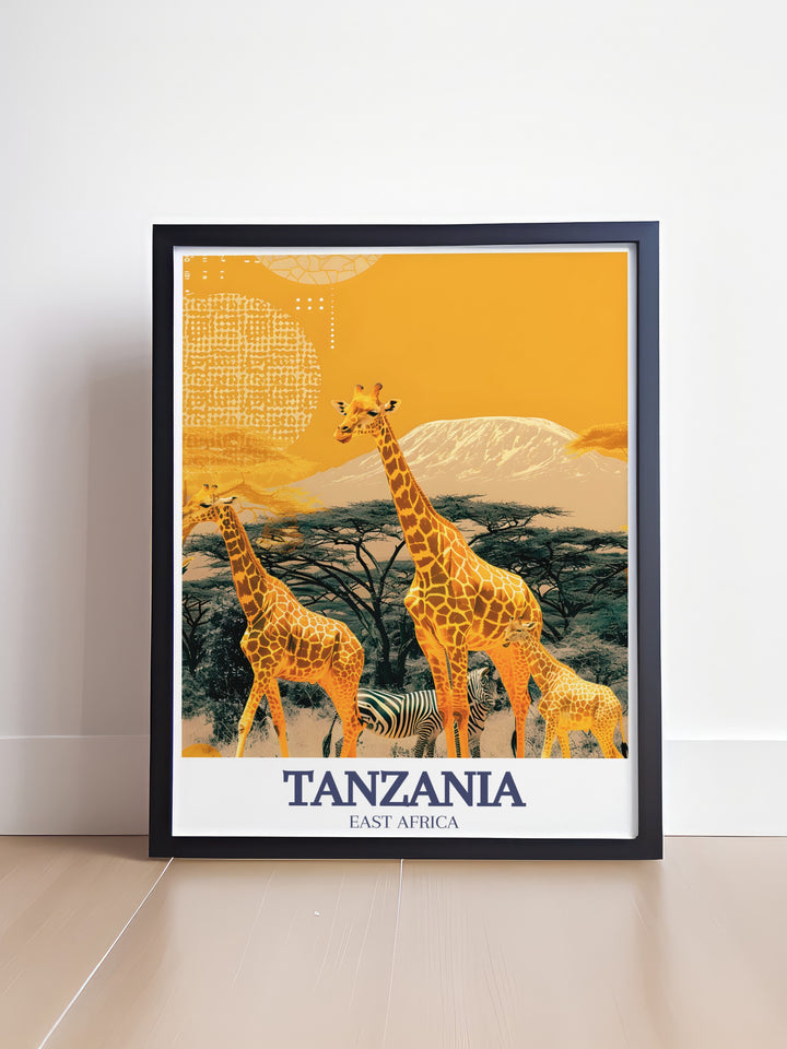 A detailed art print of Mount Kilimanjaro and Serengeti National Park, capturing Tanzanias iconic landscapes and wildlife. This vibrant artwork is perfect for nature lovers and travel enthusiasts, offering a unique piece of wall art for any space.