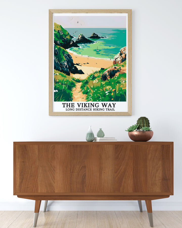 Viking Way Trail art print depicting the picturesque Hoddevik Beach along the Norwegian Sea. This high quality poster captures the essence of the trail, making it an excellent gift for hiking enthusiasts and nature lovers. A beautiful addition to any room.